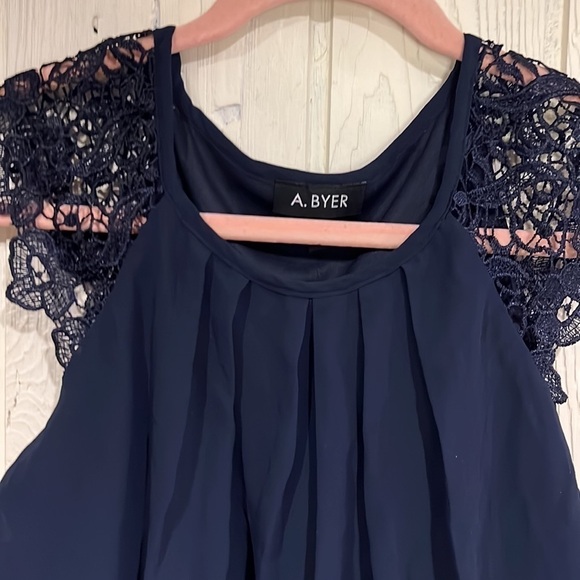 A. Byer Navy Blue Dress with Lace Cap Sleeves - Large - Picture 4 of 12
